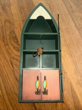 Green Wooden Boat Wall Shelf with Decorative Hooks